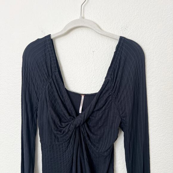 [Free People] Navy Blue Twisted Bust Open Front Slit Long Sleeve Top Sz Medium M - Picture 9 of 11